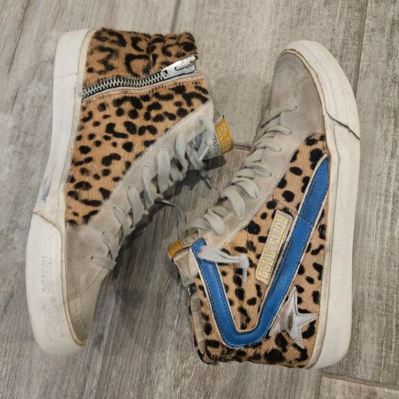 Golden Goose Slide High Top Sneakers Womens Size 37 US 6.5 Leopard Calf Hair - Picture 6 of 16